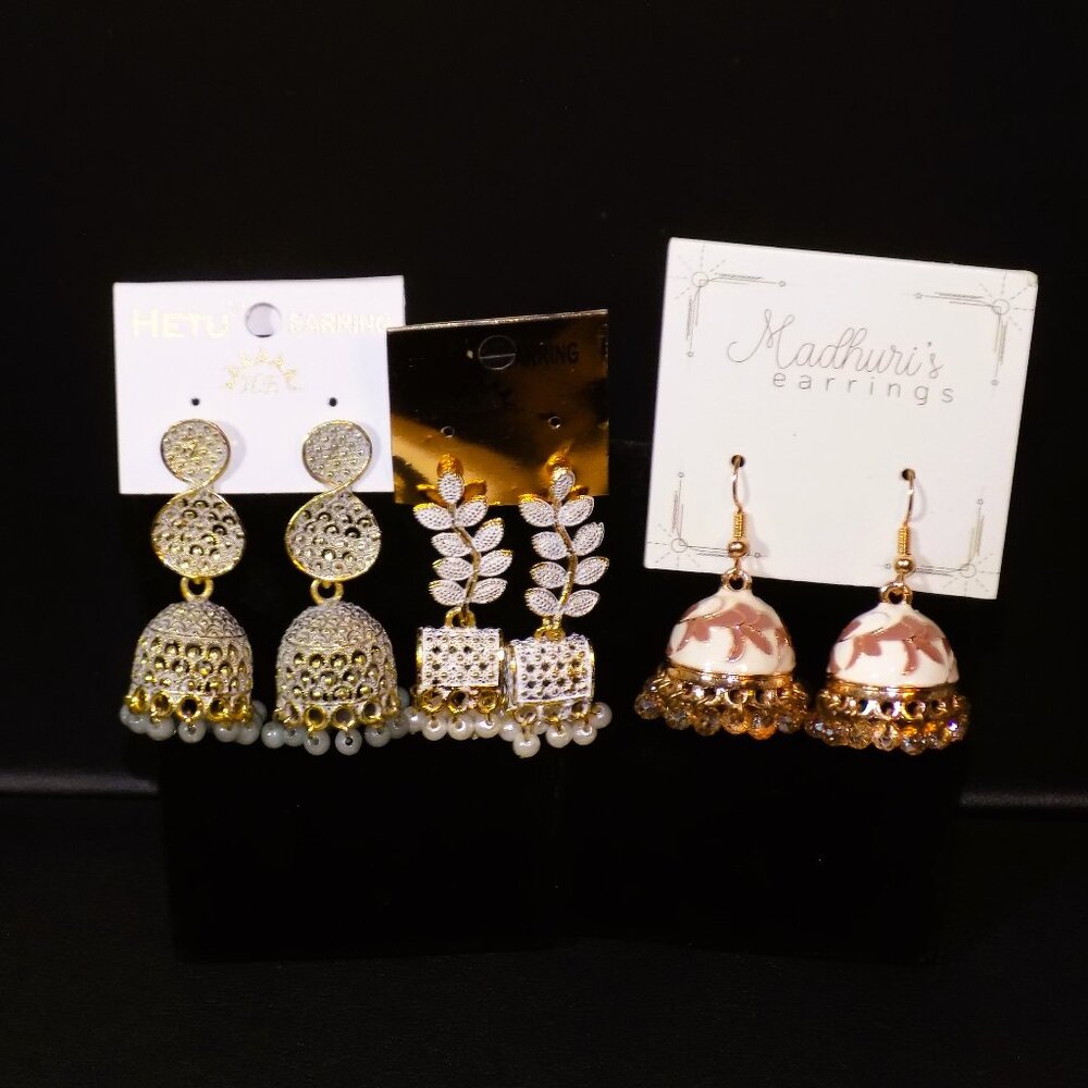 Lot 3 New Pairs Madhuri & Hetu Traditional Indian Kundan Bell Earrings Bundle